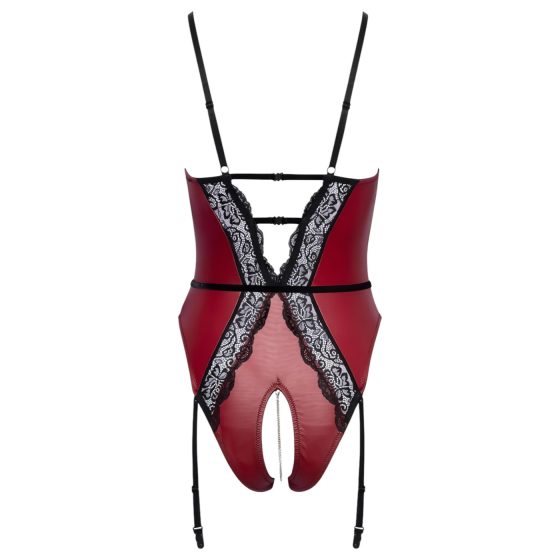 Abierta Fina - Open Bodysuit with Garter (Black-Red) - L