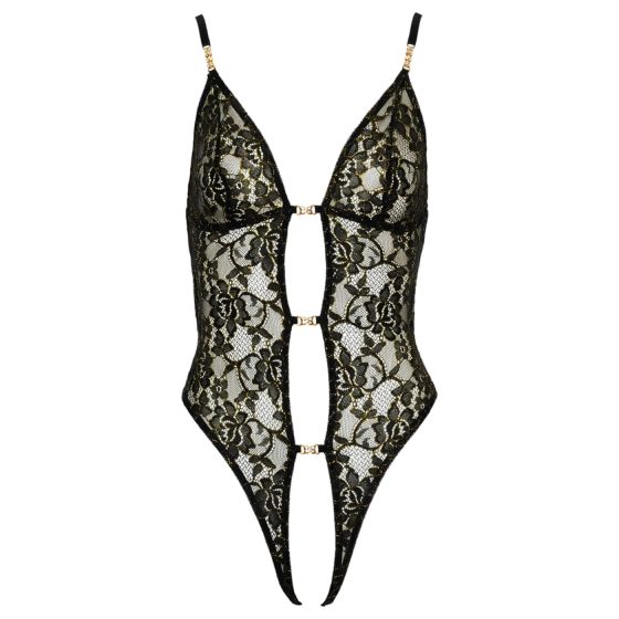 Abierta Fina - Open Lace Bodysuit with Rhinestones (Black)