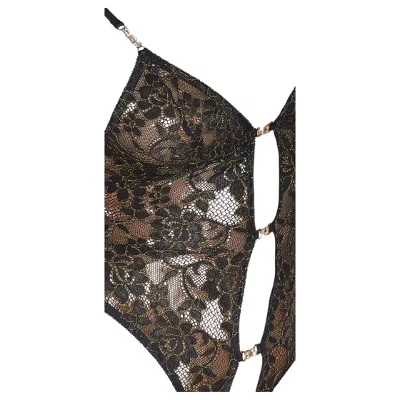 Abierta Fina - Open Lace Bodysuit with Rhinestones (Black) - M