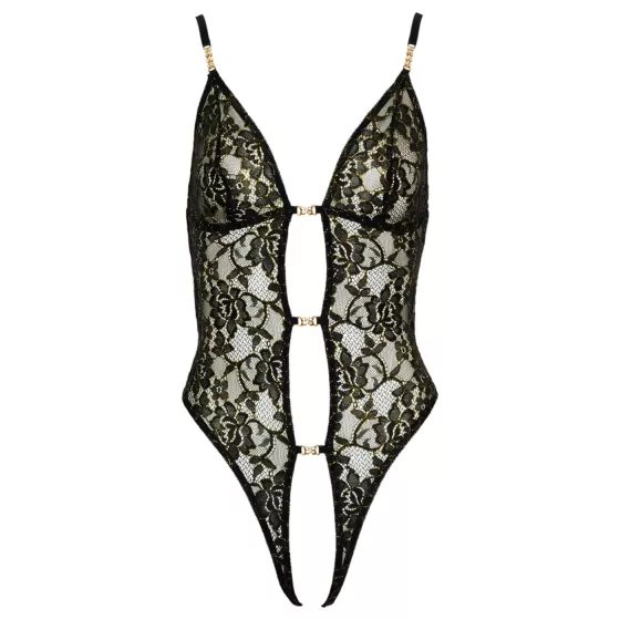 Abierta Fina - Open Lace Bodysuit with Rhinestones (Black) - M
