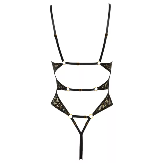 Abierta Fina - Open Lace Bodysuit with Rhinestones (Black) - XL