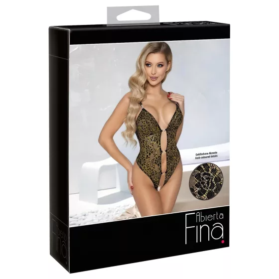 Abierta Fina - Open Lace Bodysuit with Rhinestones (Black) - XL