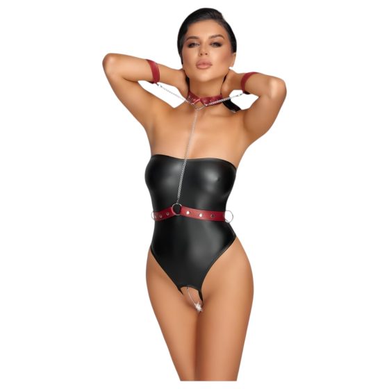 Cottelli Bondage - Shiny Black Bodysuit & Cuffs