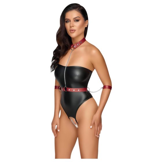 Cottelli Bondage - Shiny Black Bodysuit & Cuffs - M