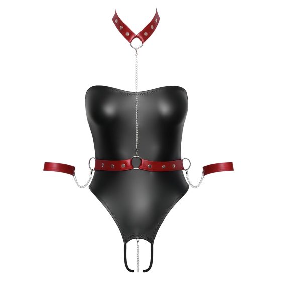 Cottelli Bondage - Shiny Black Bodysuit & Cuffs - L