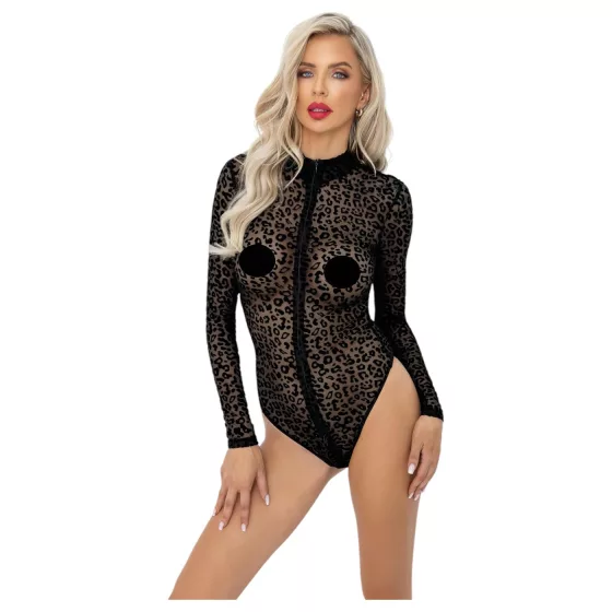 / Noir - Leopard Print Long-Sleeve Bodysuit (Black)