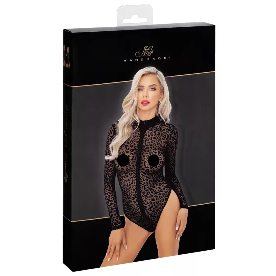 / Noir - Leopard Print Long-Sleeve Bodysuit (Black) - M