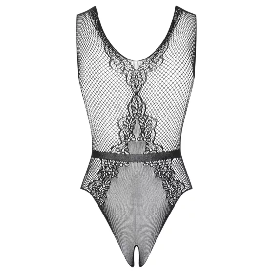 Obsessive - open knit bodysuit with floral pattern (black)
