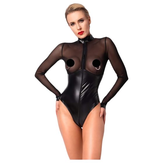 Noir - Glossy Bodysuit with Sheer Insets (Black)