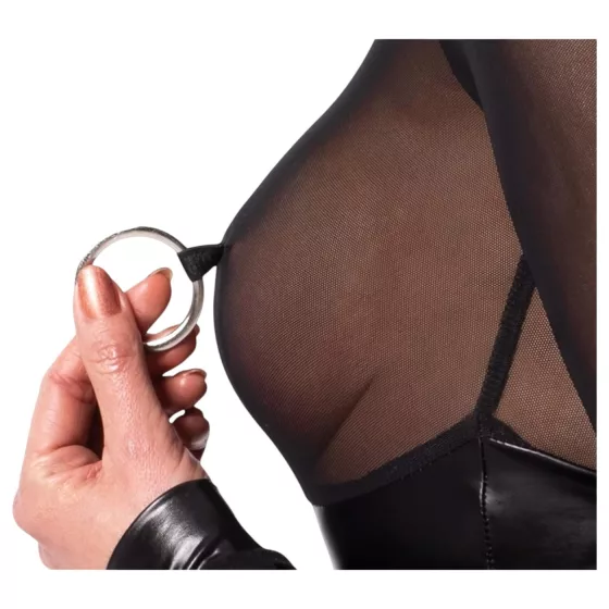 Noir - Glossy Bodysuit with Sheer Insets (Black)