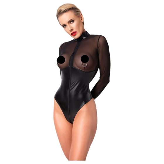 Noir - Glossy Bodysuit with Sheer Insets (Black) - M