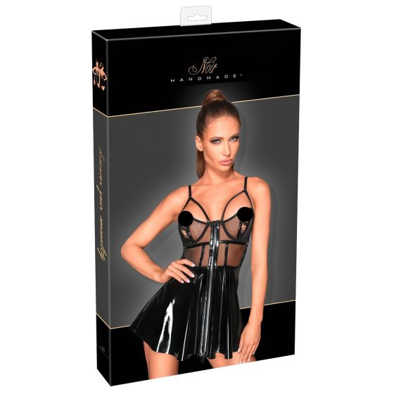 Noir - Black Patent Dress with Mesh Insets