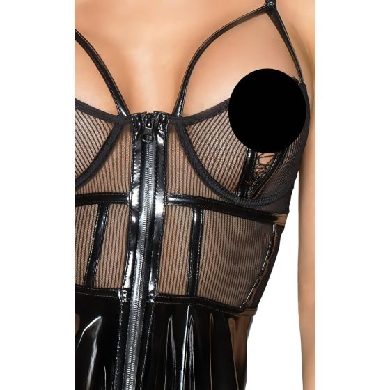 Noir - Black Patent Dress with Mesh Insets
