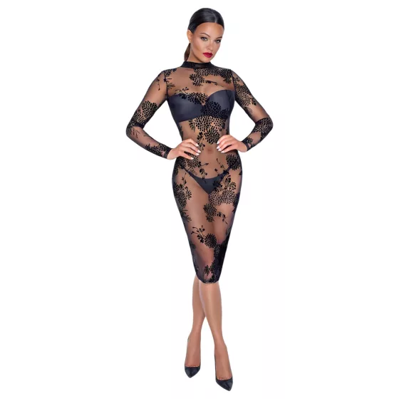 Noir - Sheer Floral Long Sleeve Dress (Black) 