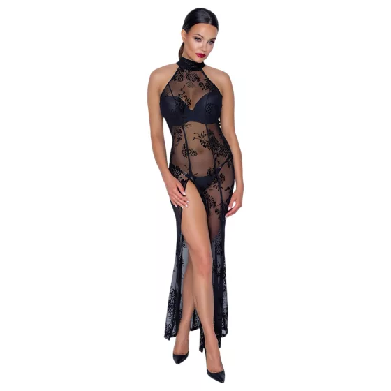 Noir - Sheer Black Floral Maxi Dress - M