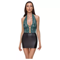 Cottelli - Shiny Lace-Up Dress with Lace (Black-Green) - XL