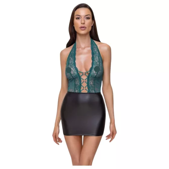 Cottelli - Shiny Lace-Up Dress with Lace (Black-Green) - XL