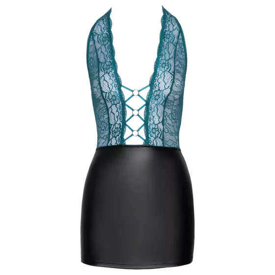 Cottelli - Shiny Lace-Up Dress with Lace (Black-Green) - XL