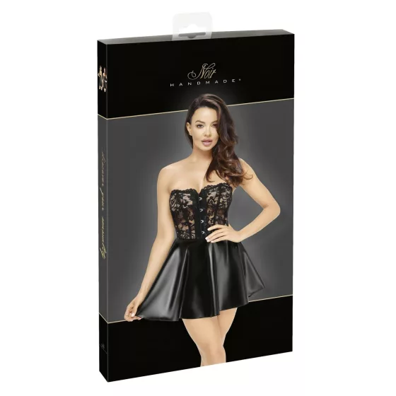 Noir - Shimmering Mini Dress with Lace Top (Black) - M