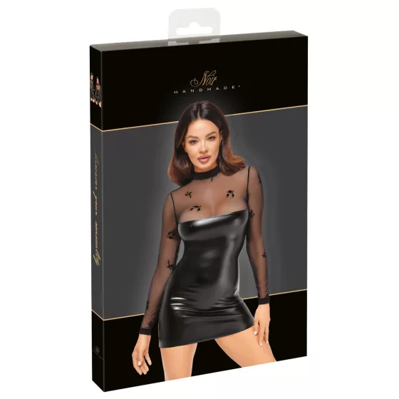 Noir - Black Glossy Dress with Sheer Top - M