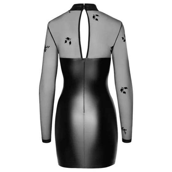 Noir - Black Glossy Dress with Sheer Top - M
