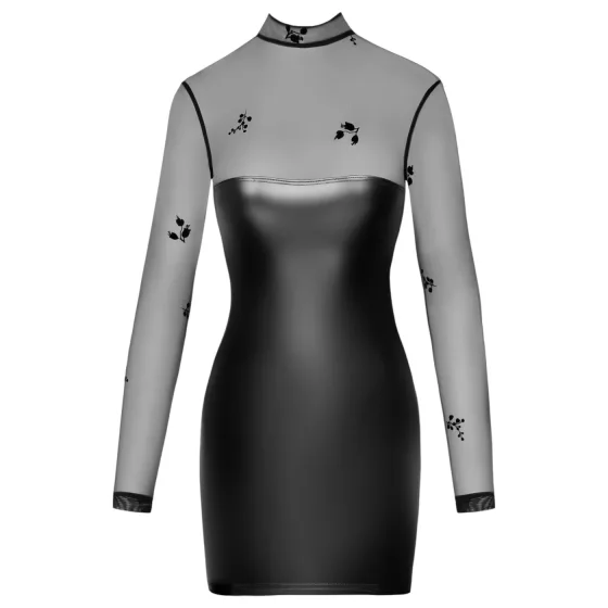 Noir - Black Glossy Dress with Sheer Top - XL