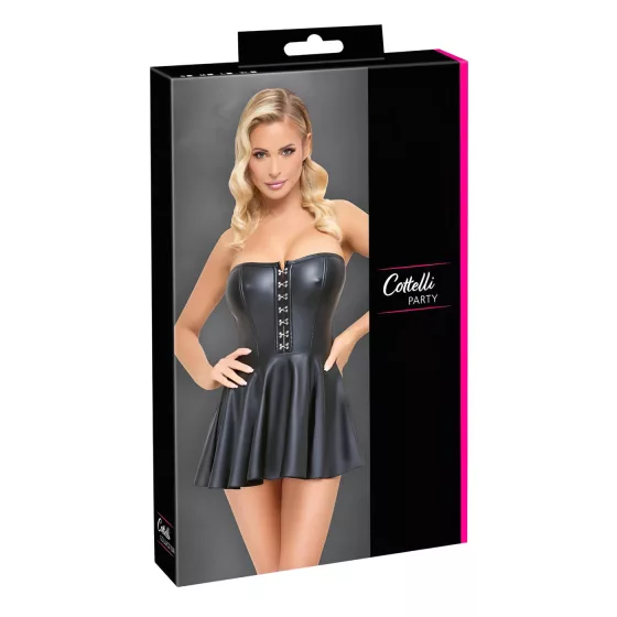 Cottelli - Shiny Mini Dress with Pleated Skirt (Black) - M