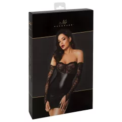 Noir - Shiny Dress with Lace Inserts (Black) - XL