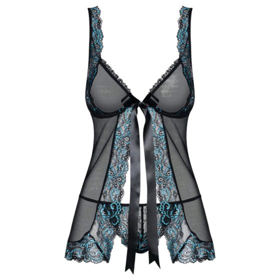 Obsessive Amanta - Embroidered Babydoll & Thong Set (Black-Turquoise)