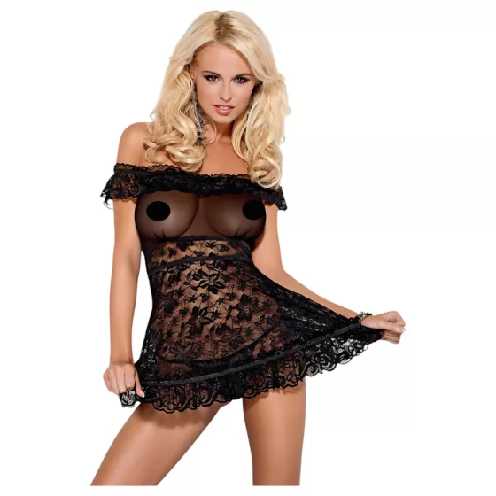 Obsessive Flores - Black Ruffled Babydoll & Thong Set