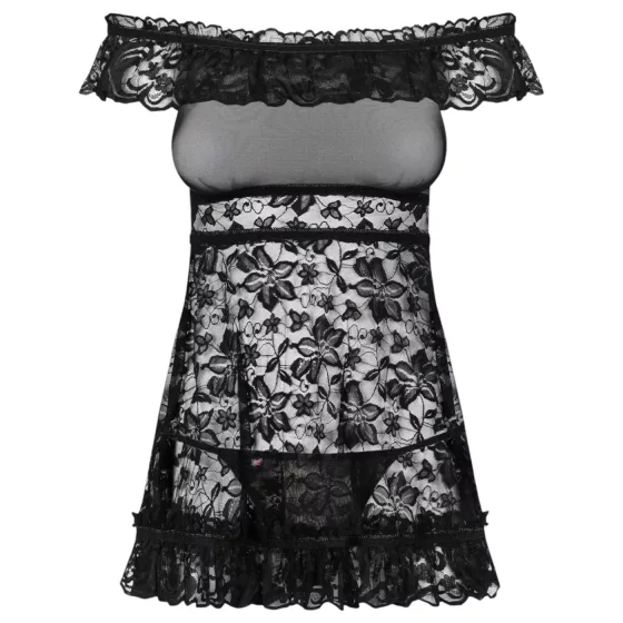 Obsessive Flores - Black Ruffled Babydoll & Thong Set