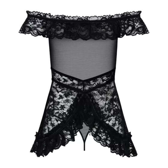 Obsessive Flores - Black Ruffled Babydoll & Thong Set