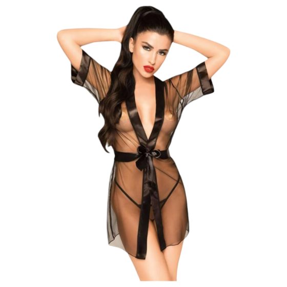 Penthouse Midnight Mirage - Satin Robe & Thong Set (Black)