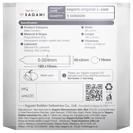 Sagami Original 0.02 L - Condom - 58mm (1pc)