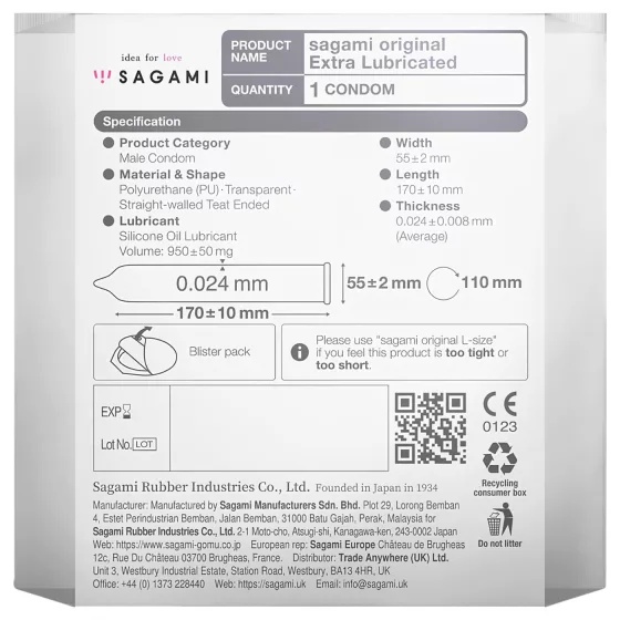Sagami Original 0.02 - Ultra-Lubricated Condom - 55mm (1pc)