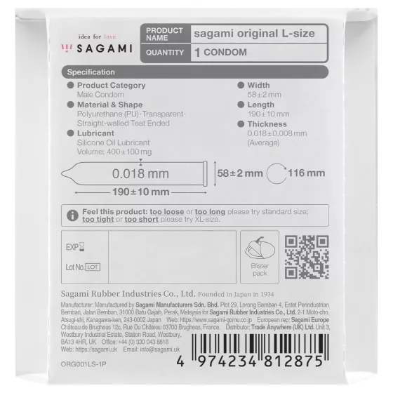 Sagami Original 0.01 L - Condom - 58mm (1pc)