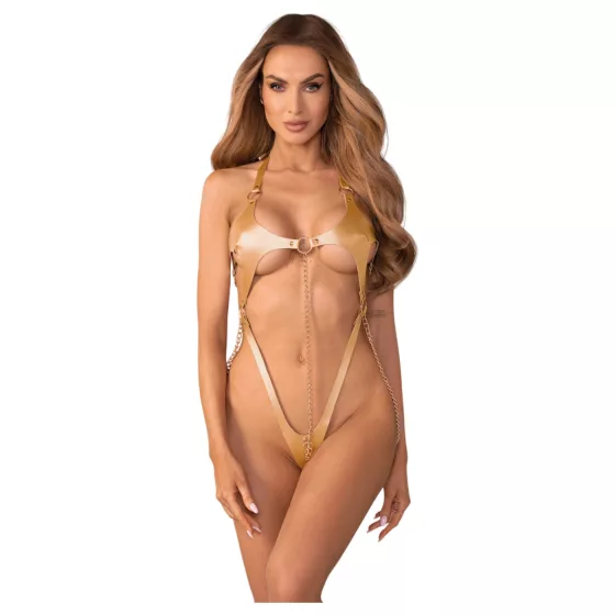 Obsessive Anyya - chained leather-look strappy bodysuit (gold)