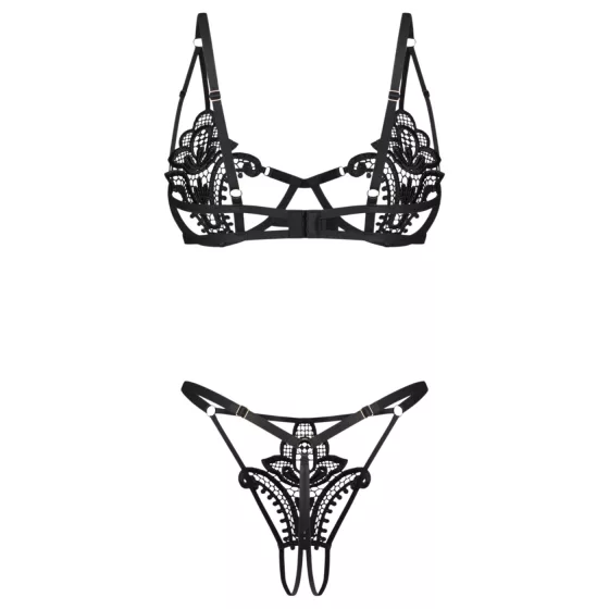 Obsessive Luise - tulip-patterned 2‑piece lingerie set (black)