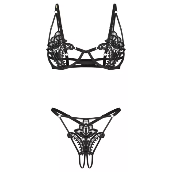 Obsessive Luise - tulip-patterned 2‑piece lingerie set (black)