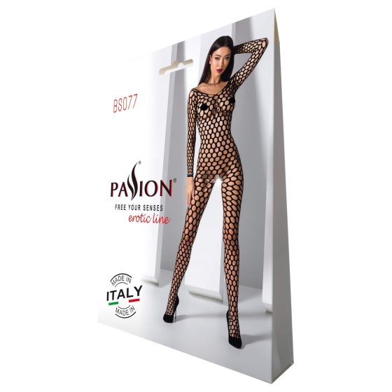 Passion BS077 - Long-Sleeve Mesh Jumpsuit (Black) - Sizes S-L