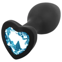   Sunfo - Silicone Heart-Shaped Anal Plug with Blue Gem (Black)