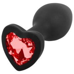 Sunfo - Silicone Anal Plug with Heart-Shaped Red Gem (Black)
