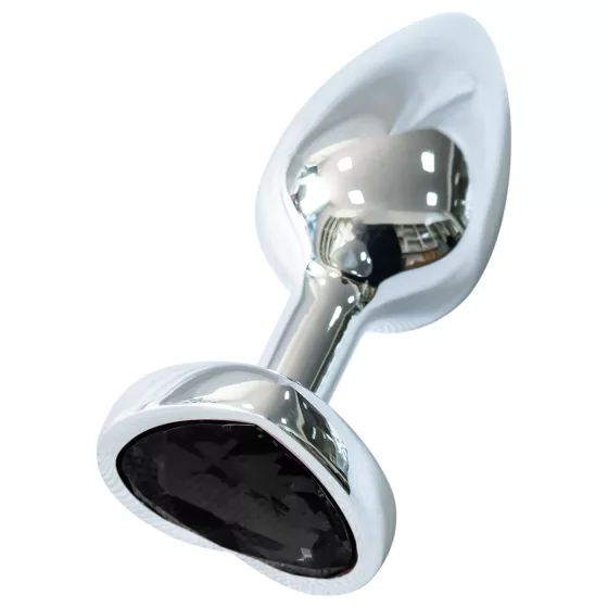 Sunfo - Heart-Shaped Silver Metal Anal Plug with Black Gem