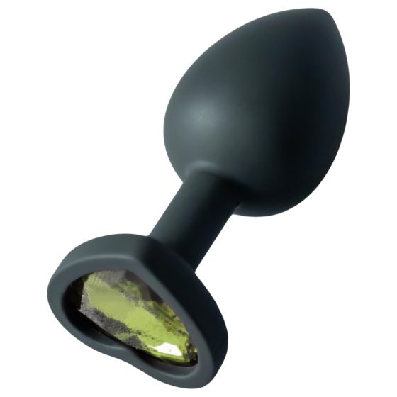 Sunfo - Silicone Heart Gem Anal Plug with Green Stone (Black)