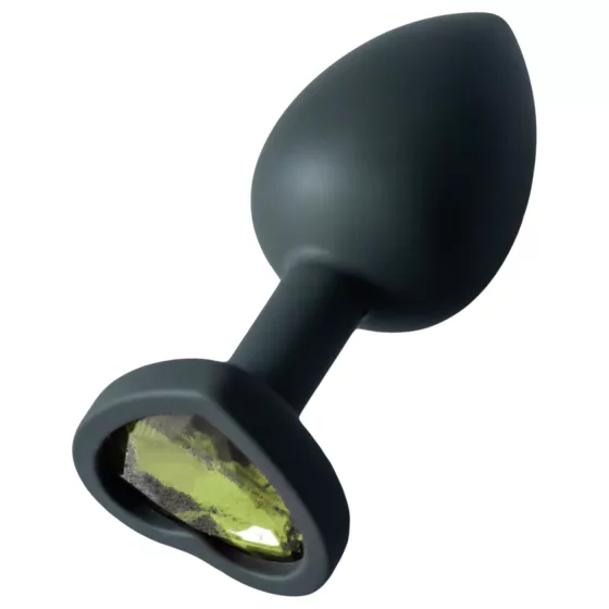 Sunfo - Black Silicone Heart Gem Anal Plug with Green Stone