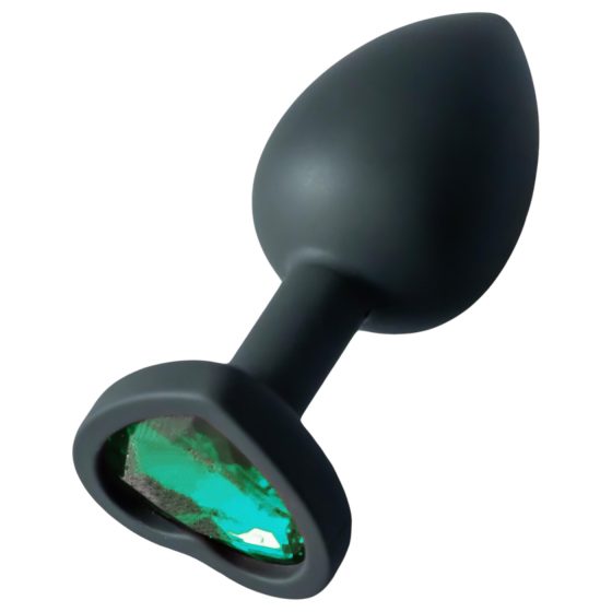 Sunfo - Heart Jewel Silicone Anal Plug with Green Gem (Black)