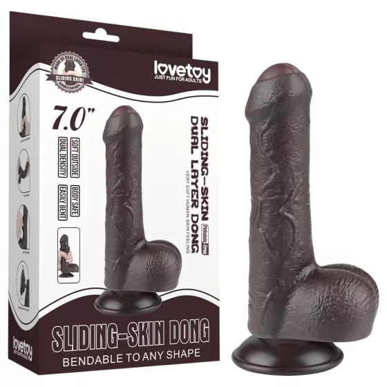 Lovetoy Sliding-Skin - Dual-Layer Dildo with Balls - 18.3cm (Brown)