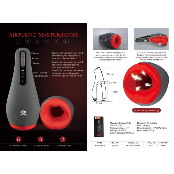 OTOUCH Airturn 2 - rechargeable, heated, suction mouth masturbator (black-red)