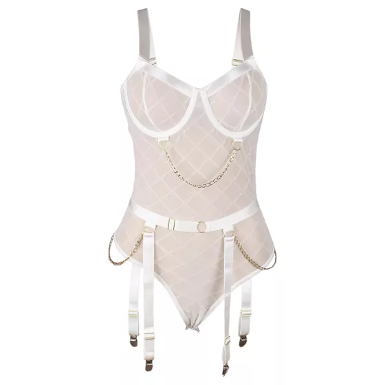 Subblime 954291 - Chain Detailed Sheer Bodysuit Set - White (L-XL)