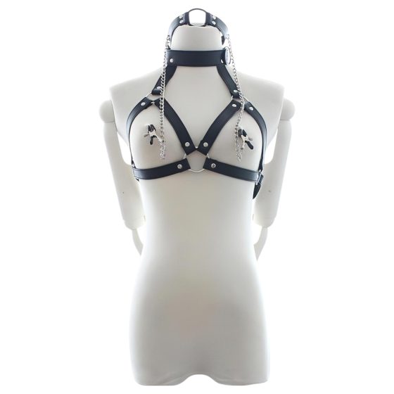 Latetobed - chest harness with gags and nipple clamps (black)